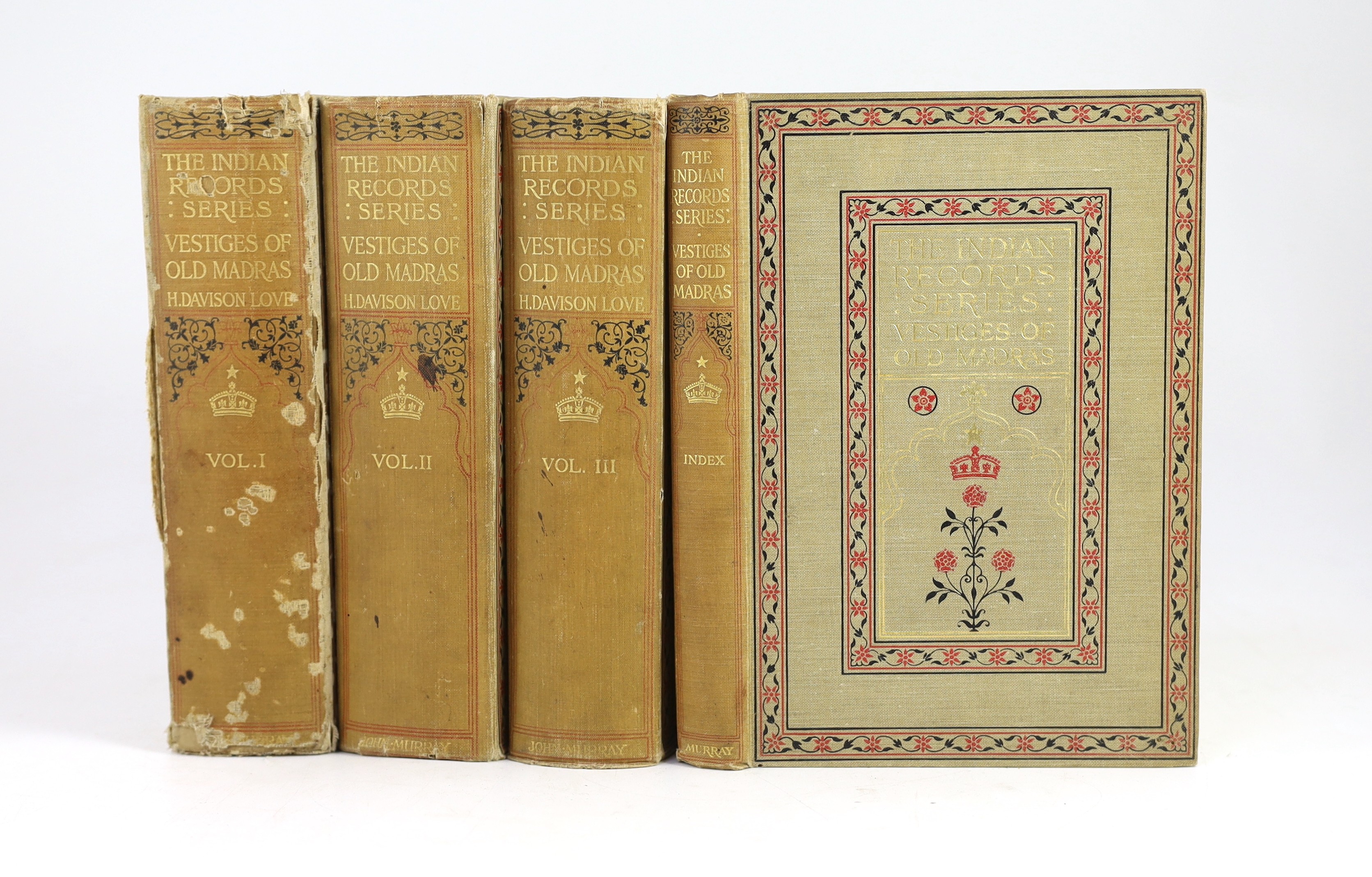 Love, Henry Davison - Indian Record Series: Vestiges of Old Madras 1640-1800, 4 vols, including index, with maps and illustrations, 8vo, decorated cloth (vol.1 covers moth eaten), John Murray, London, 1913